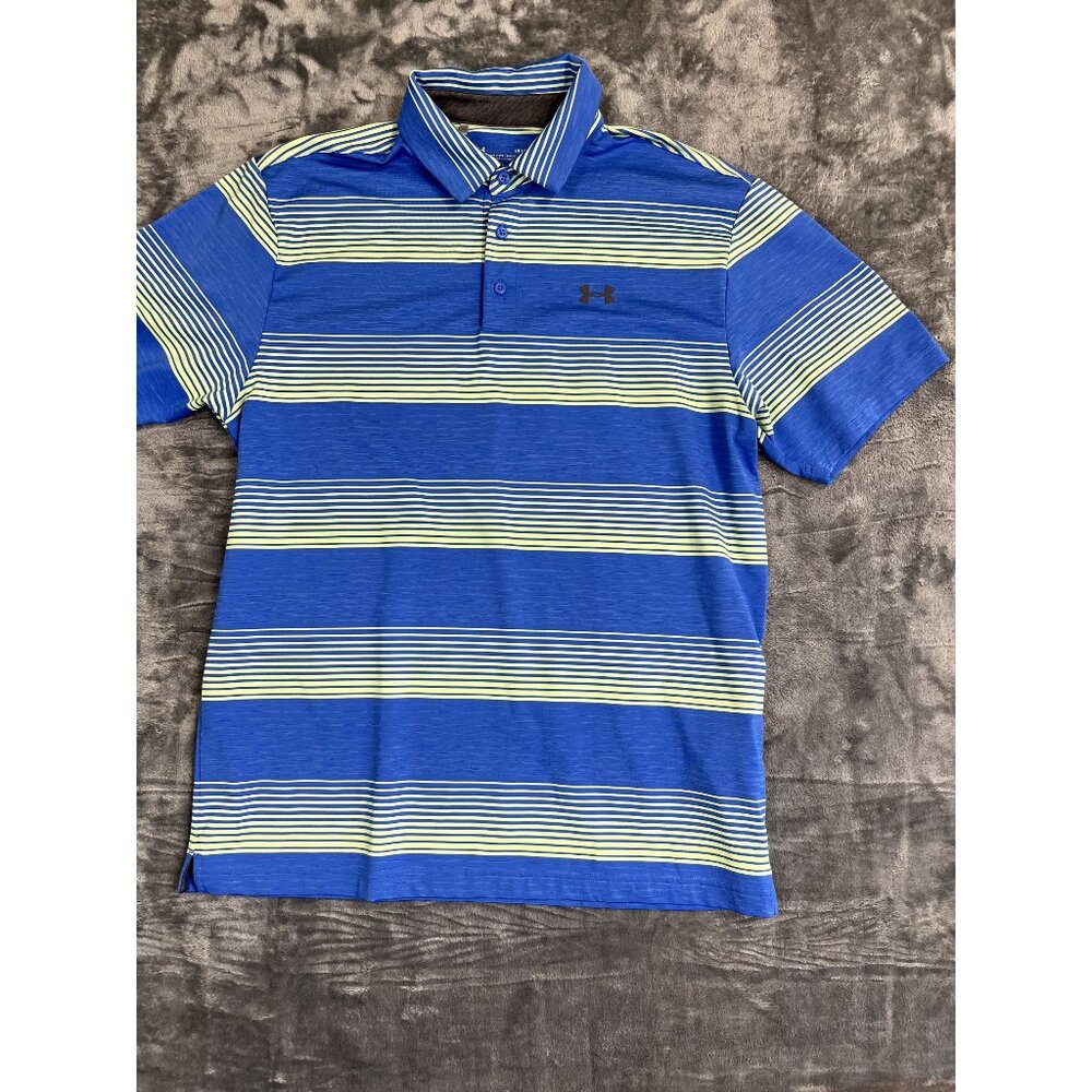Under Armour Mens HeatGear Polo Shirt Blue Striped Size LG Loose Fit